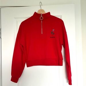 S/M “No love lost” red cropped zip up sweatshirt. No tag, thrifted. embroidered.